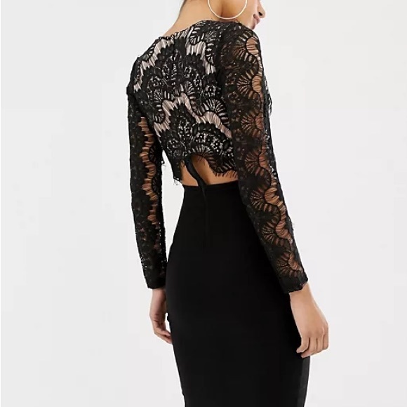 NWT Rare London Nasty Gal long sleeve eyelash lace midi dress black Nude Size S - Picture 3 of 9